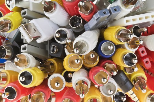 A close-up view of a large collection of various electrical connectors and plugs scattered on a surface, predominantly featuring white, yellow, red, black, and grey colours. The connectors include USB, audio, and power plug types, with some showing metallic pins and others with plastic casings and textured grips. The background is out of focus, emphasizing the assortment of electronic components, which may be destined for disposal or recycling. This detailed image highlights the importance of proper waste management and rubbish disposal services, such as those provided by Business Waste Removal Pimlico, especially in urban areas like Pimlico where electronic waste collection is a common service. The scene showcases the diverse materials involved, including plastic and metal, relevant to local waste removal needs and environmentally responsible disposal strategies within the postcode area provided.